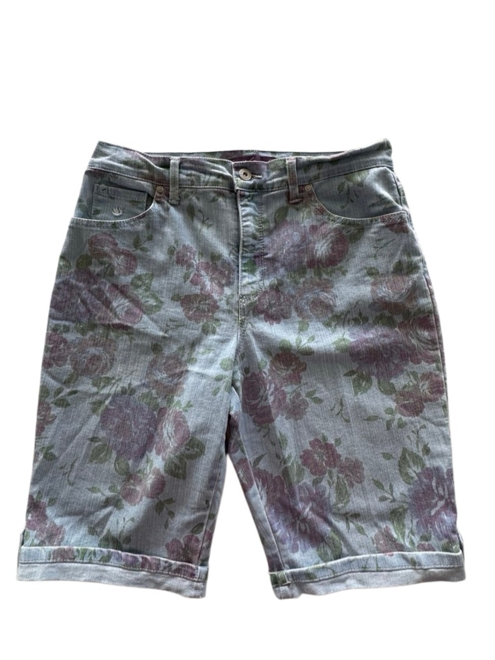 Liz Claiborne  Amanda Bermuda Shorts Blue Denim Floral SZ 10